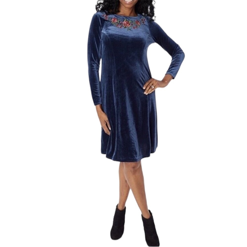 QUACKER FACTORY Floral Embroidered Knit Velvet Dress in Dark Navy Size 1X NWT